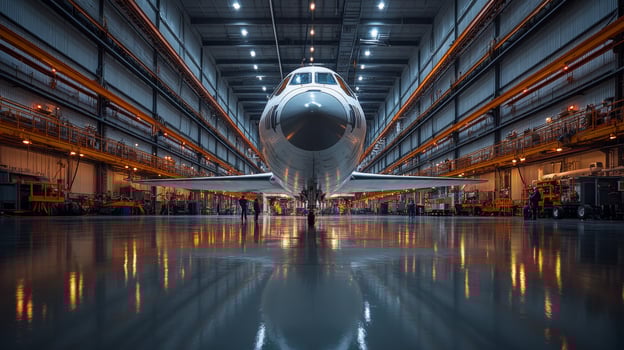 Large spacecraft is positioned in a spacious hangar, showcasing advanced propulsion systems. Technicians perform necessary checks in preparation for future aerospace missions. photo
