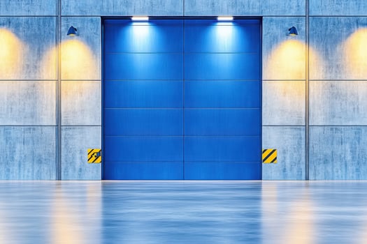 Gray industrial steel door stands in a concrete corridor under moody lighting with illuminated walls and distinct architectural features photo