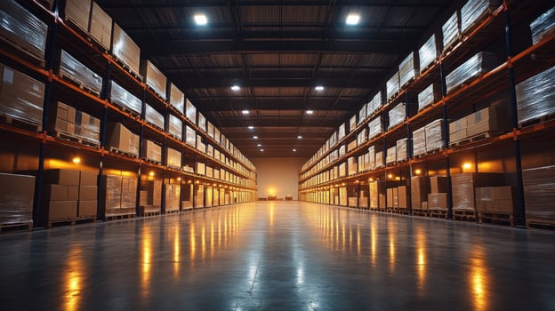 Large logistics facility featuring high shelves filled with boxes and pallets. The space is well lit, indicating a focus on efficient inventory management and storage solutions. photo