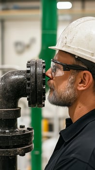 Worker Inspecting Industrial Pipe photo