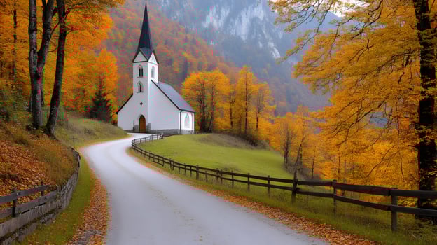 Winding road leading to a white church in a colorful autumn landscape photo