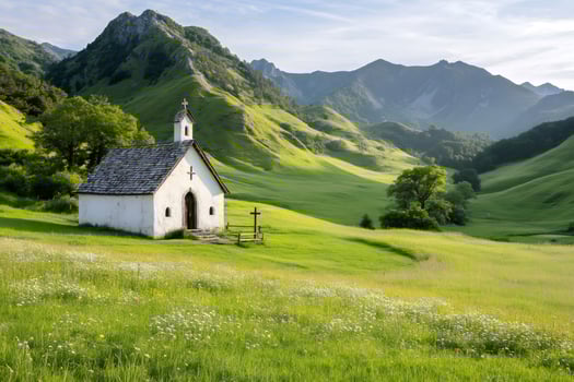 Small white church standing in a green valley surrounded by mountains photo