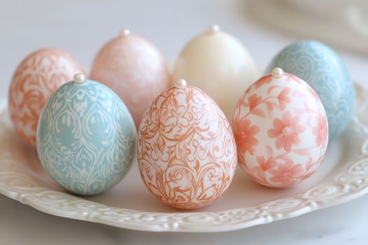 Decorated easter eggs with ornaments and pearls lying on white plate photo