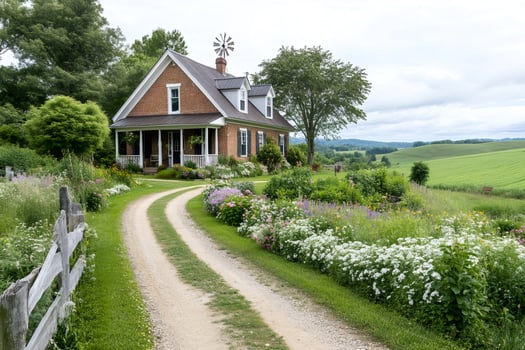 Idyllic brick farmhouse with weather vane and colorful garden leading to green fields photo