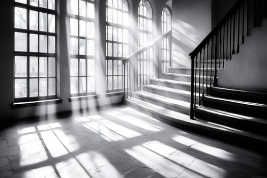 Sunbeams illuminating staircase in elegant mansion photo