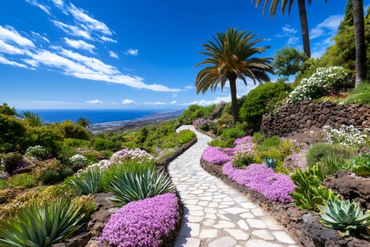 Cobblestone path winding through colorful botanical garden overlooking Atlantic Ocean in Tenerife photo