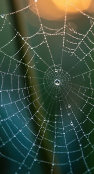 A glistening spiderweb adorned with dewdrops, capturing the essence of a tranquil morning. photo
