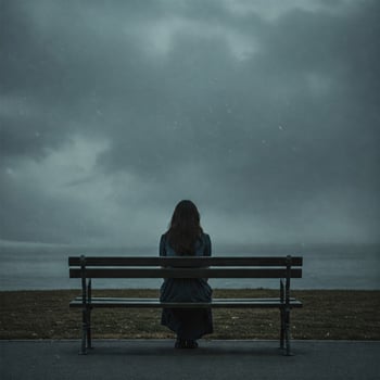 Woman sits alone, park bench, lake, stormy sky photo
