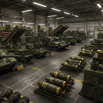 Military arsenal hangar, tanks, missiles, ammunition photo