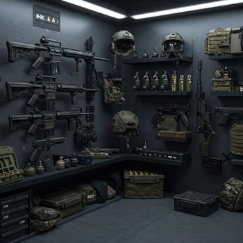 A room with a lot of guns and other items photo