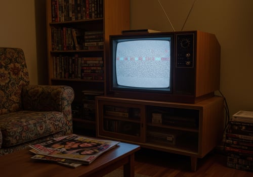 A vintage television displays static in a warmly lit, nostalgic living room setting. photo