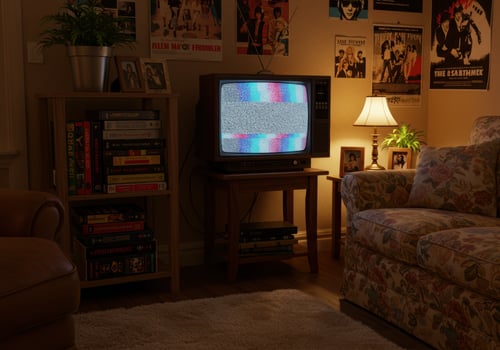 Cozy retro living room featuring a vintage television displaying static, evoking nostalgia. photo