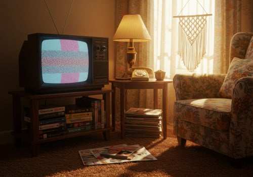 A nostalgic living room scene evokes a sense of vintage charm and cozy relaxation. photo