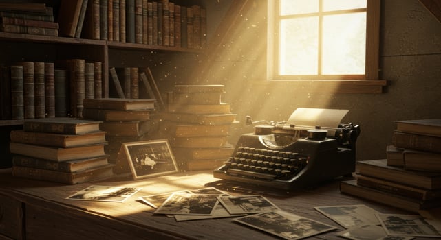 Sunlight streams onto a vintage typewriter surrounded by books and old photographs. photo