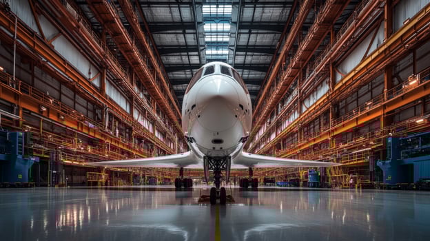 A rocket is positioned in a large aerospace hangar, featuring intricate engineering design. Specialized systems are visible around it, indicating preparation for future space missions. photo