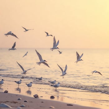 Sunrise Seagulls Flying Over Beach photo