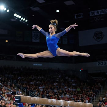 A female gymnast is doing a split on the balance beam photo