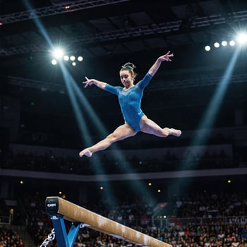 Gymnast soars over balance beam in arena photo