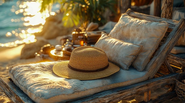 Close-up of a chaise lounge with a folded straw hat on a cushion, surrounded by beach supplies photo