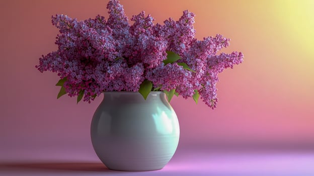 A bouquet of lilac flowers stands in a ceramic white vase on a bright gradient summer background photo