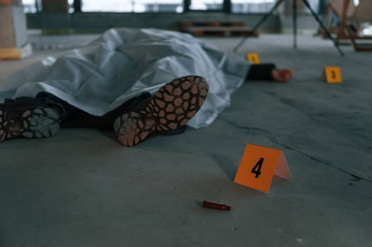 Bullet shell as clue. Dead body of a man is on the ground, covered in white cloth. Conception of murder, homicide photo