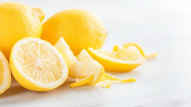 Lemon halves and zest curls on white surface, fresh and vibrant photo