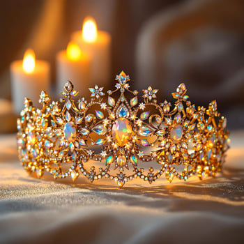 Golden Tiara with Opals and Diamonds Under Candlelight photo