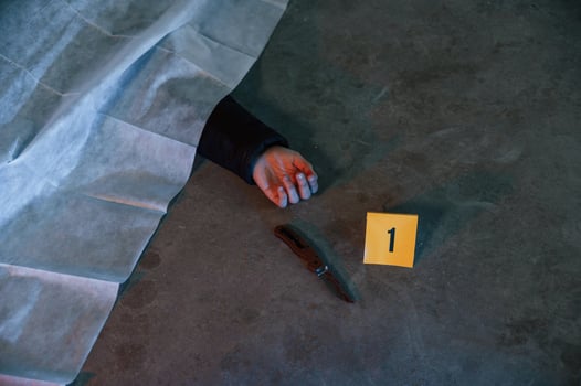 Dead body of a man is on the, ground, covered in white cloth. Conception of murder, homicide photo