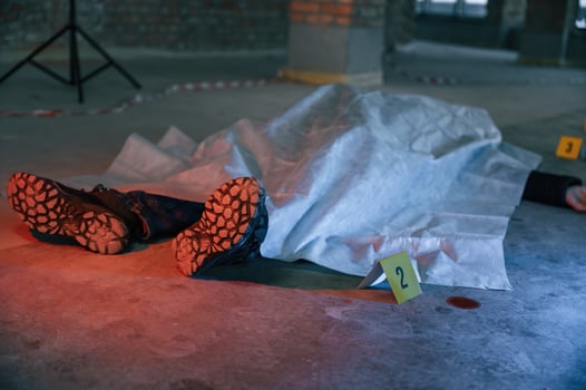 Dead body of a, man is on the ground, covered in white cloth. Conception of murder, homicide photo