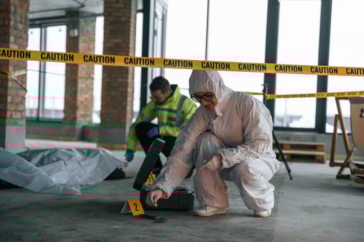 Knive ,and blood is on the ground. Detectives are collecting evidence in a crime scene near dead body photo