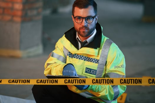 Sitting ,and thinking. Male detective is collecting evidence in a crime scene on the construction site photo