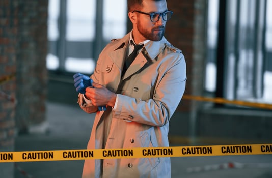Taking off, the gloves. Male detective in coat is collecting evidence in a crime scene on the construction site photo