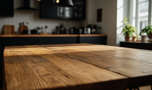 Rustic wooden kitchen table, warm lighting photo