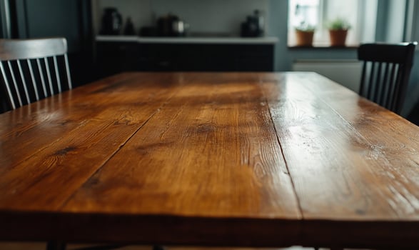 Rustic wooden dining table in a modern kitchen photo