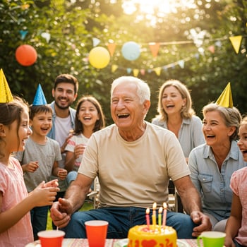 Happy family celebrating birthday in garden photo
