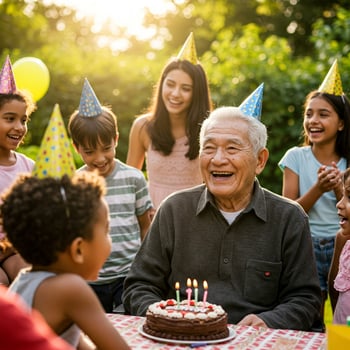 An older man with birthday cake and children around him photo