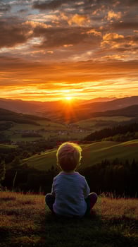 Child Contemplating Sunset Over Mountain Valley Landscape photo