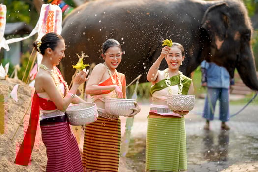 Group of beautiful Thai women in the Thai traditional dress playing to sprinkle water on the Thai New Year's Day or Songkran festival with elephant outdoor background. photo