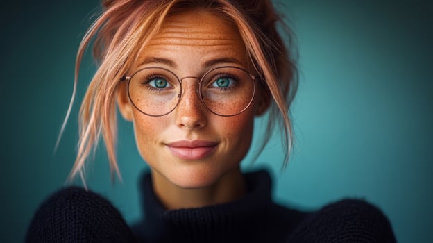 Woman with red hair glasses is smiling. She is wearing a black sweater and glasses. The image has a warm and friendly mood photo