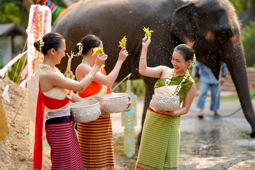 Group of beautiful Thai women in the Thai traditional dress playing to sprinkle water on the Thai Songkran festival in a fun way with elephant outdoor background. photo