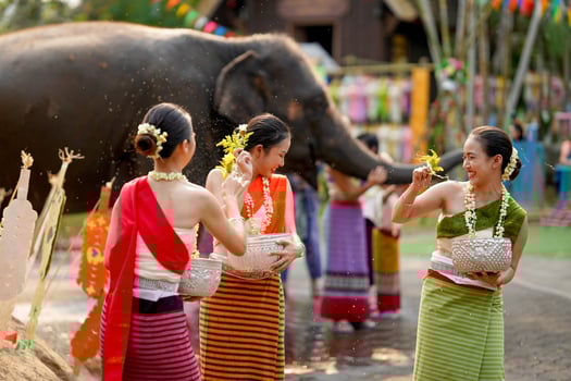 Group of beautiful Thai women with the Thai traditional dress playing to sprinkle water on the Thai New Year's Day or Songkran festival in a fun way with elephant outdoor background. photo