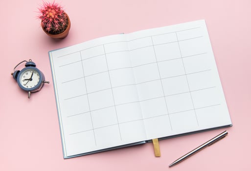 Open notebook, pen, alarm clock, and cactus on pink background symbolizing planning and productivity photo
