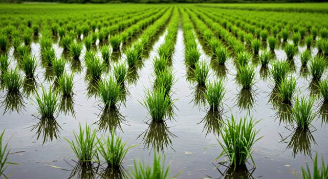 A field of green rice plants in a paddy field photo