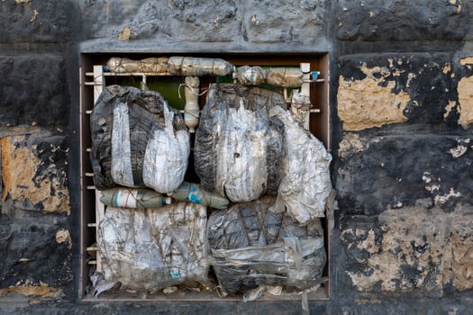 Plastic bags and bottles are packed tightly into an opening in a rustic, weathered stone wall. photo