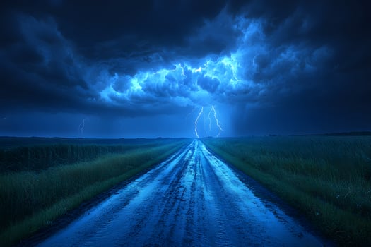Dramatic Thunderstorm Over Rural Road at Night Nature's Power and Serenity in Landscape photo