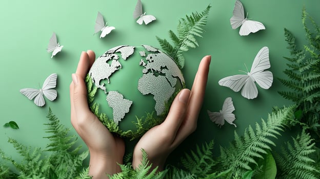 Hands cradling a textured globe surrounded by butterflies and ferns highlighting Earth Day ideals and the importance of saving our planet photo