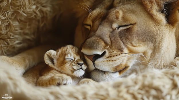 Lioness snuggles with her newborn cub in a cozy den surrounded by soft materials during a tranquil moment at sunset photo