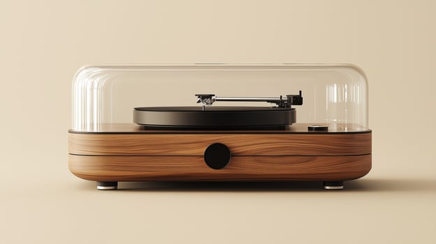Stylish retro turntable with wooden finish and transparent dust cover photo
