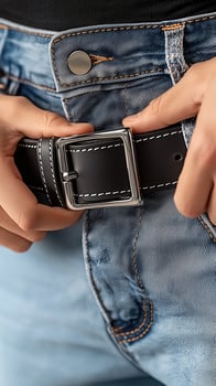 Close-up of person fastening black leather belt on blue denim jeans photo