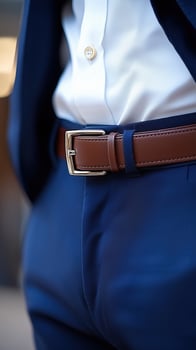 Close-up of a formal outfit with a brown leather belt on navy suit trousers photo